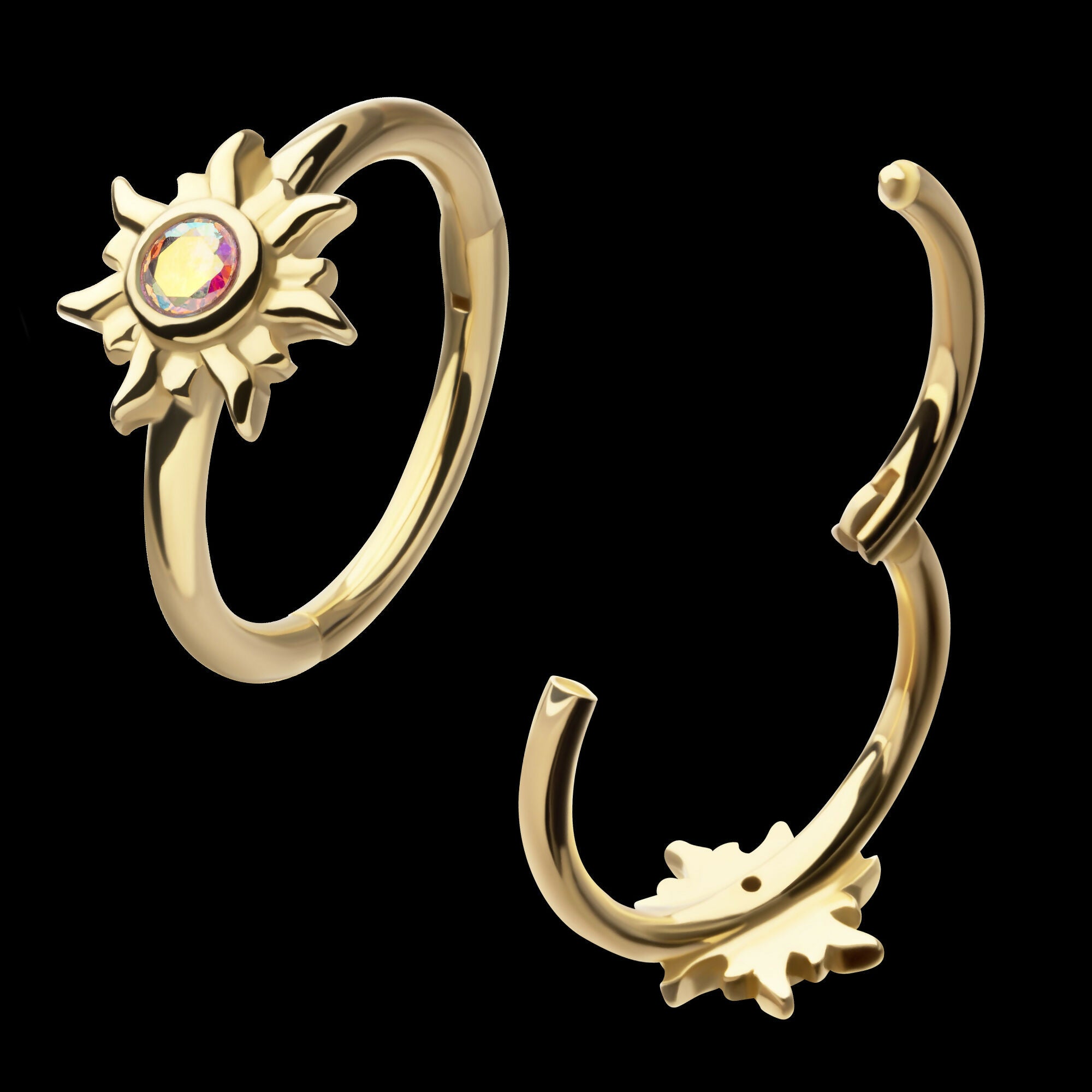 Prong Set Round Gem Cluster & Triple Moon Phase Front Facing Hinged Segment Clicker Hoop Earring / Nosering – 14Kt Yellow Gold