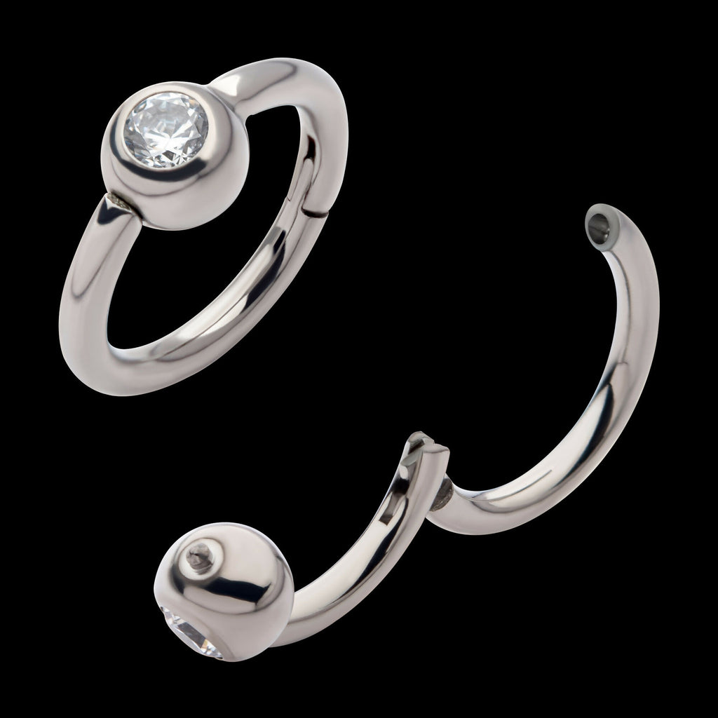 Bezel Set Round Gem Side Facing Hinged Segment Clicker Hoop Earring / Nosering – Titanium