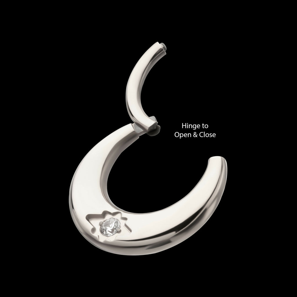 Etched Design with Prong Set Gem Sleek Dome Septum Front Facing Hinged Segment Clicker Hoop Earring / Nosering – Titanium