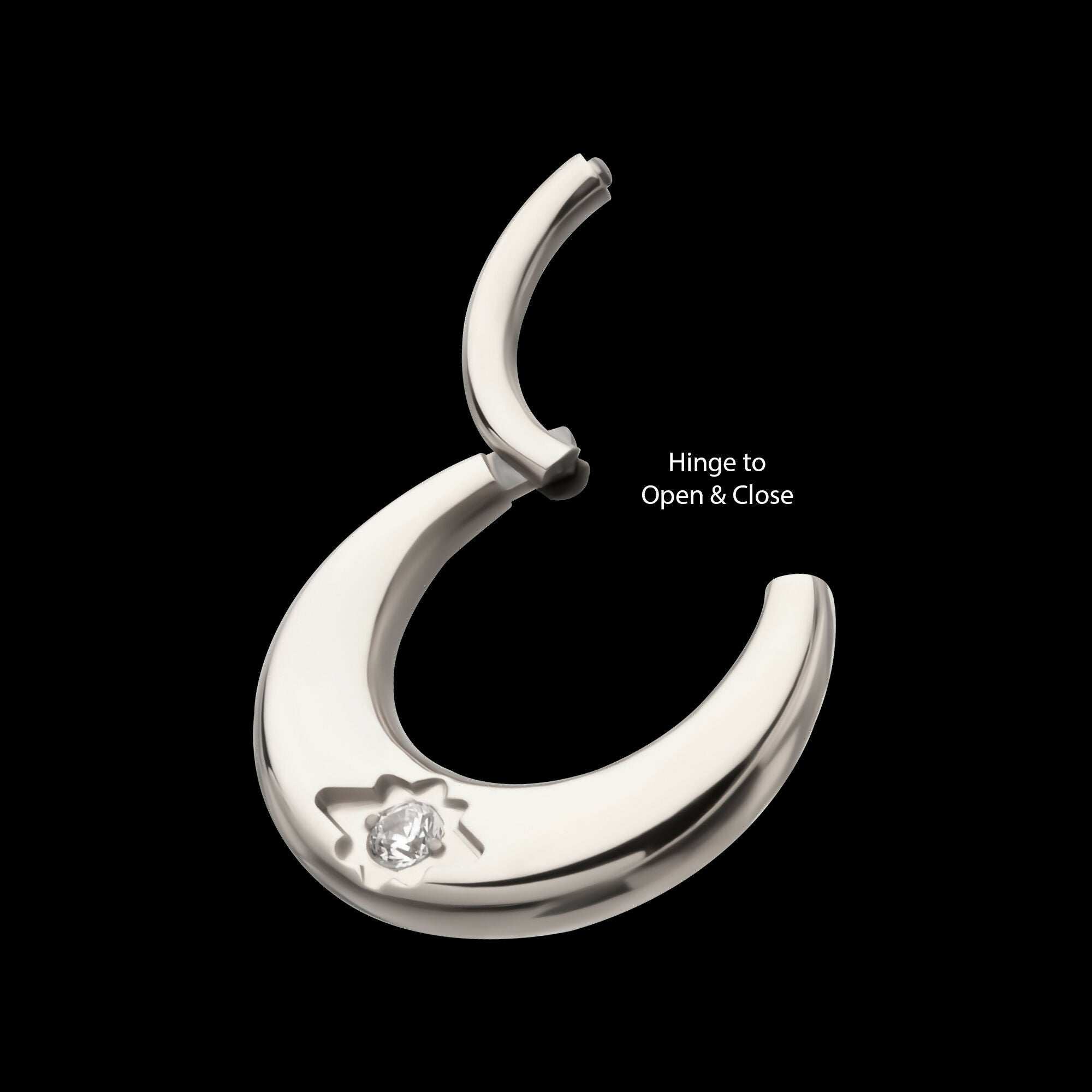 Etched Design with Prong Set Gem Sleek Dome Septum Front Facing Hinged Segment Clicker Hoop Earring / Nosering – Titanium