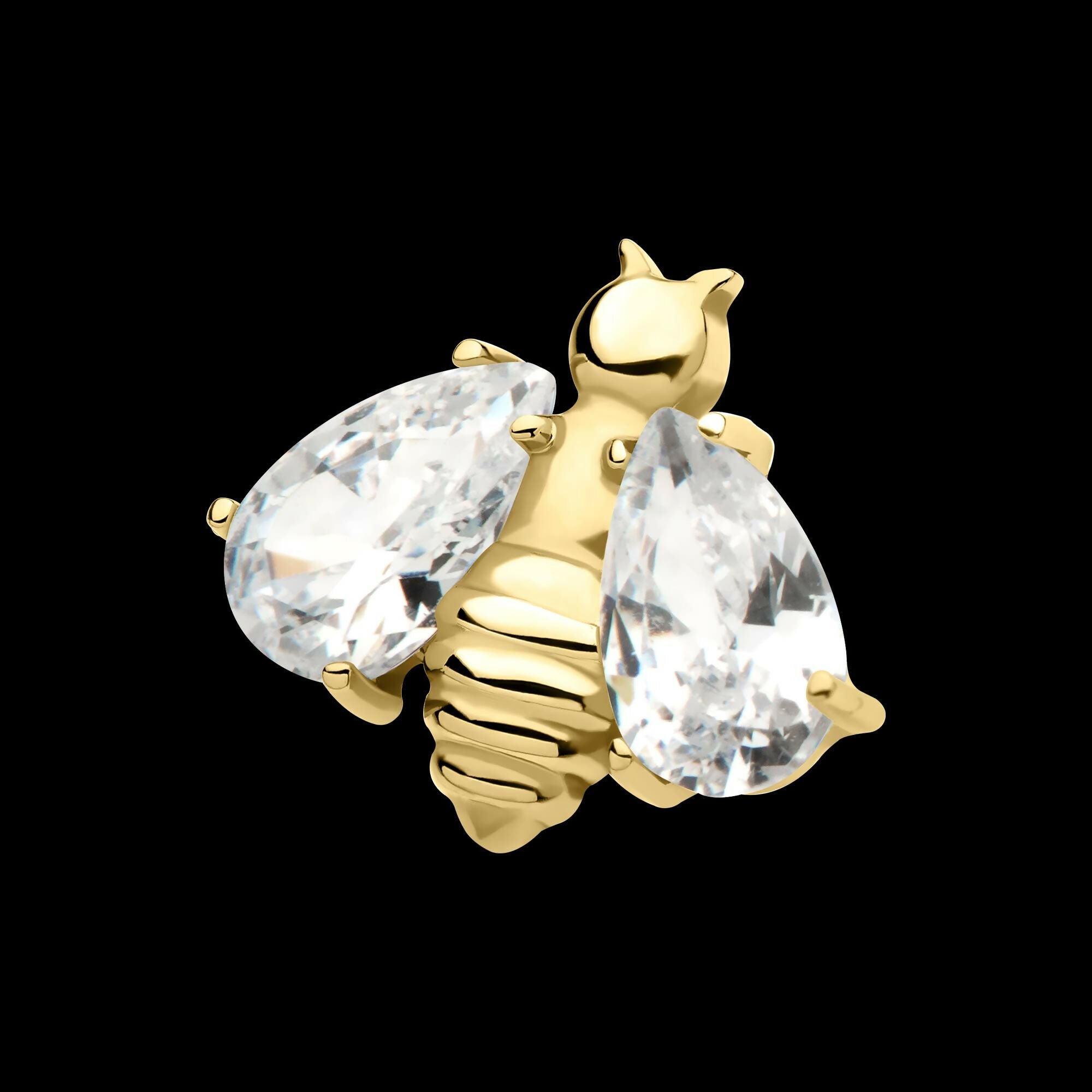 24Kt Gold PVD Titanium Threadless Bee with Prong Set Teardrop Shape CZ Wings Top