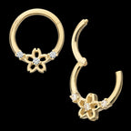 Prong Set Gem Cherry Blossom Flower Front Facing Hinged Segment Clicker Hoop Earring / Nosering – 14Kt Yellow Gold