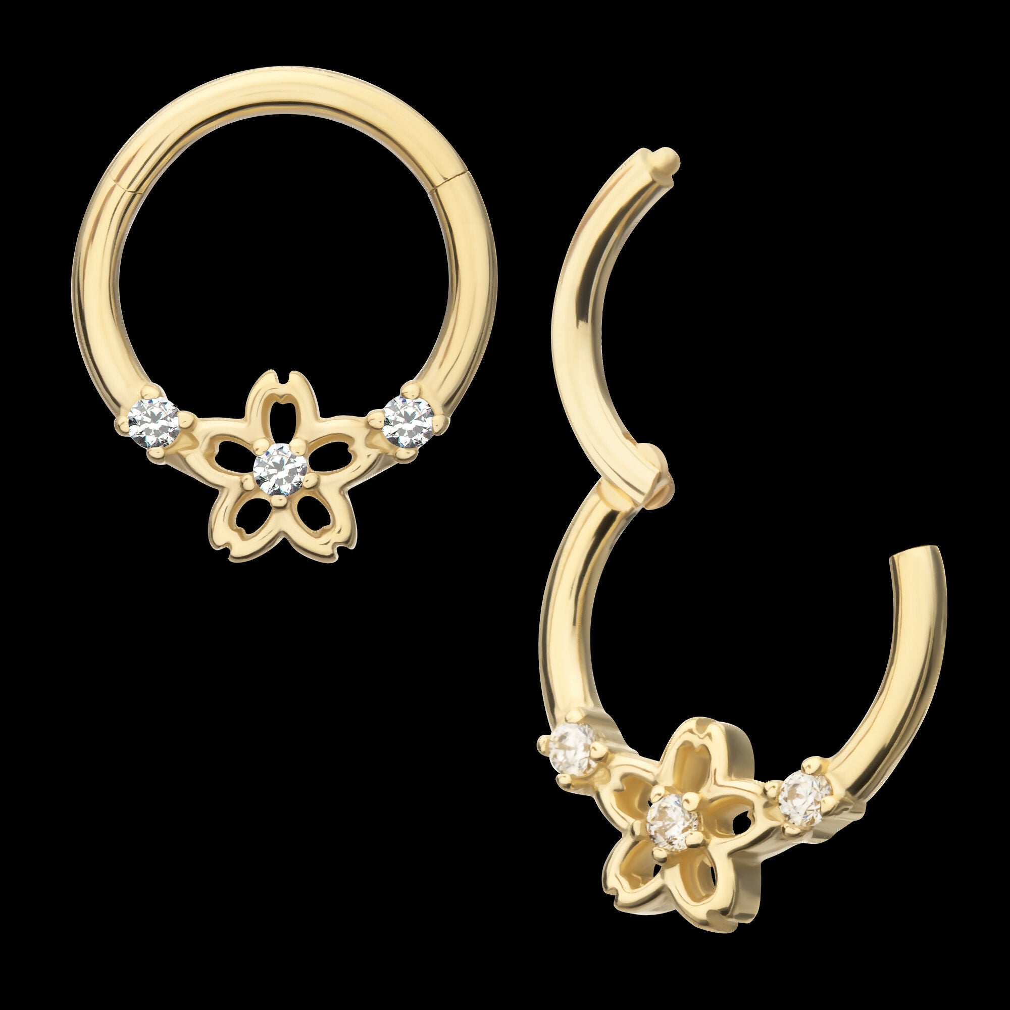 Prong Set Gem Cherry Blossom Flower Front Facing Hinged Segment Clicker Hoop Earring / Nosering – 14Kt Yellow Gold