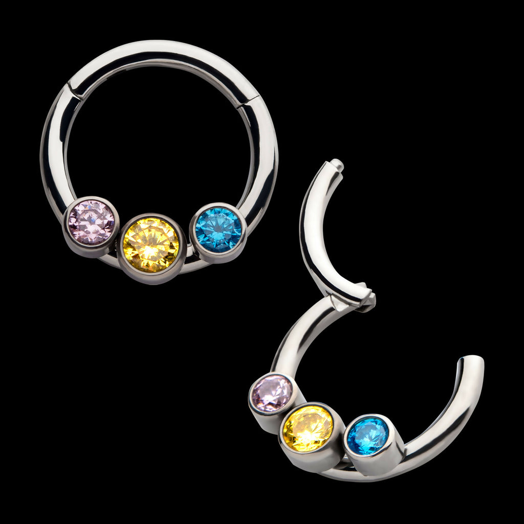 Bi-Trans-Pan Bezel Set CZ 3-Cluster Front Facing Hinged Segment Clicker Hoop Earring / Nosering – Titanium