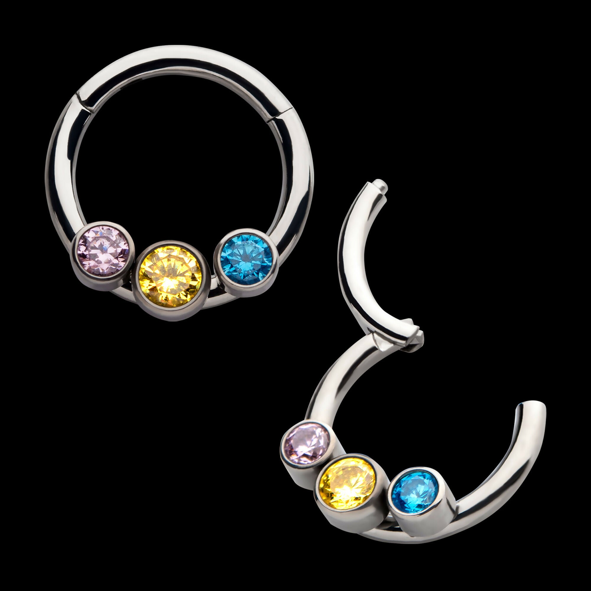 Bi-Trans-Pan Bezel Set CZ 3-Cluster Front Facing Hinged Segment Clicker Hoop Earring / Nosering – Titanium