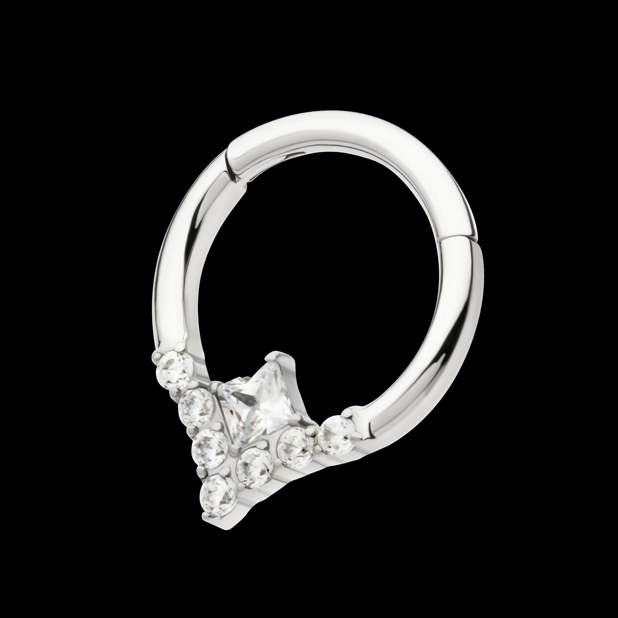 Clustered Prong Set Round CZ with Center Princess Gem Front Facing Hinged Segment Clicker Hoop Earring / Nosering – Titanium
