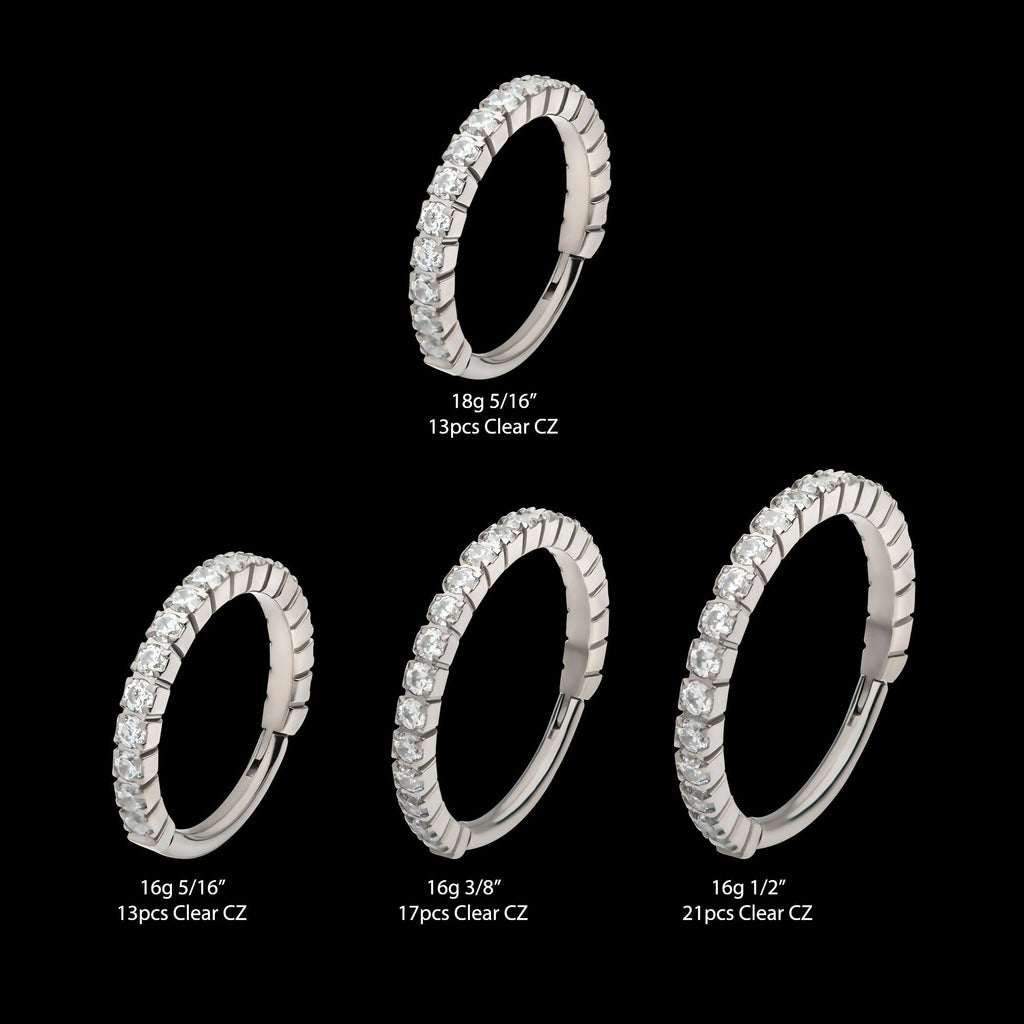 Prong Set Full Clear CZ Side Facing Hinged Segment Clicker Hoop Earring / Nosering – Titanium