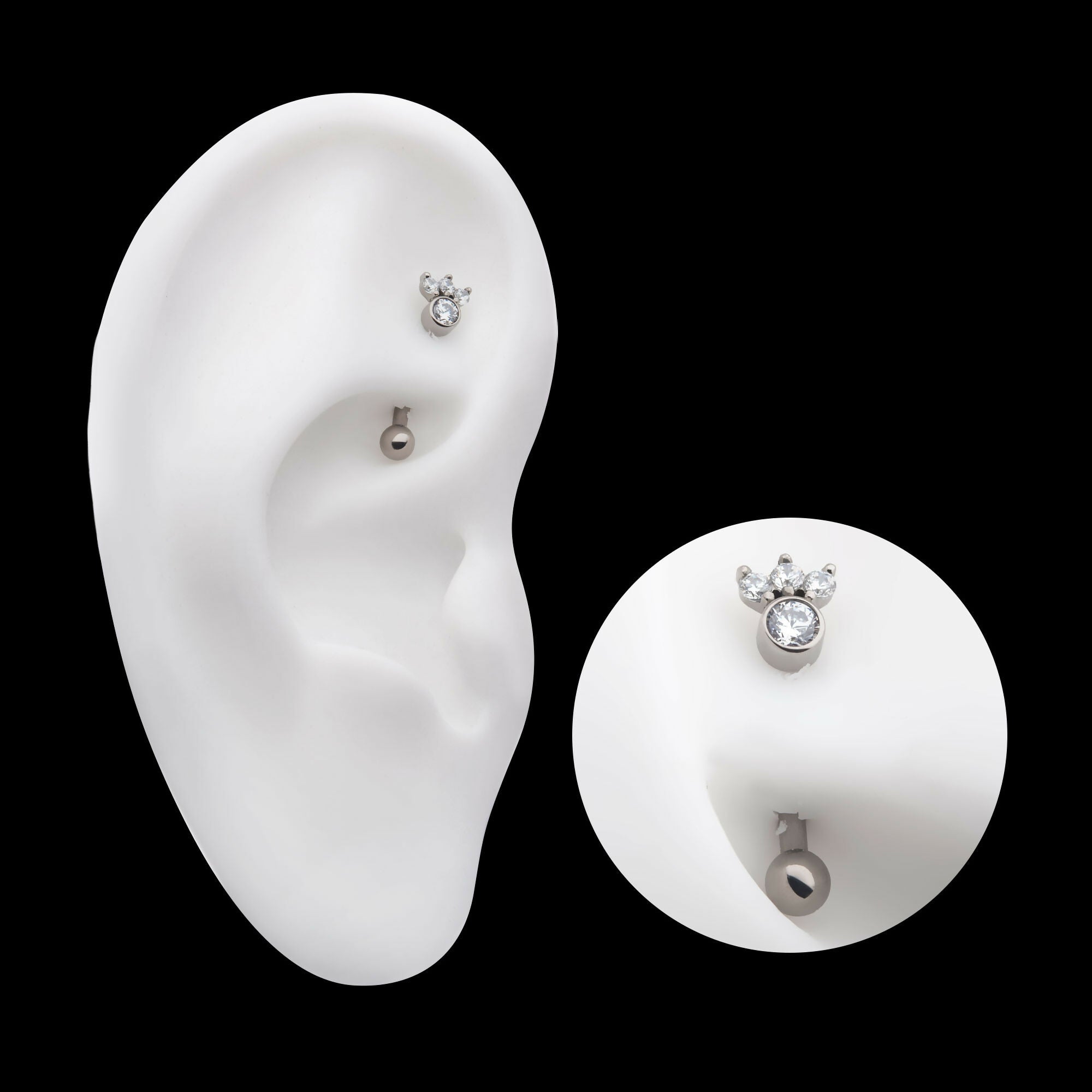 Internally Threaded with 4 Clear AAA CZ Fixed Top Curved Barbell Earring / Nosering – Titanium