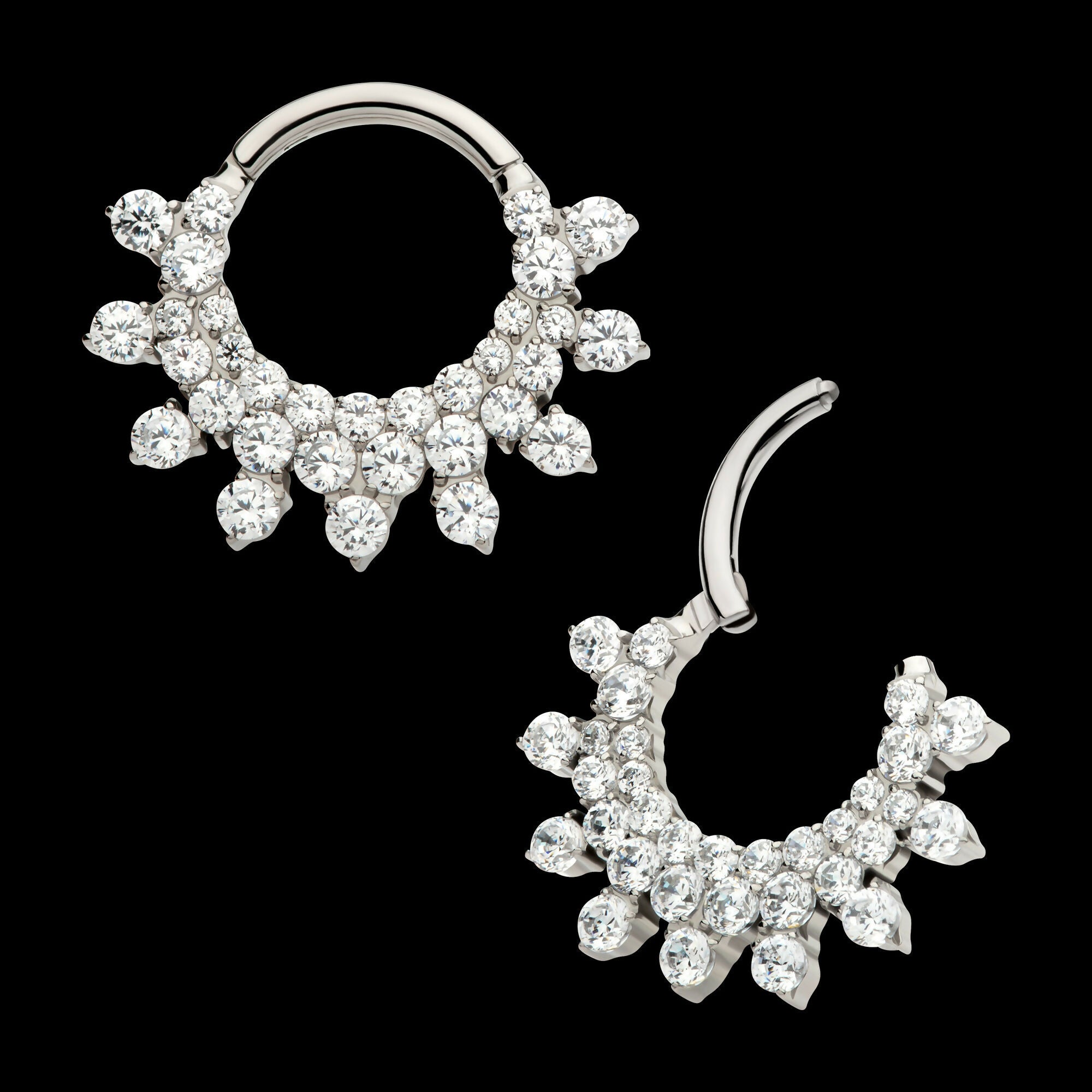 Triple Row Round CZ Front Facing Hinged Segment Clicker Hoop Earring / Nosering – Titanium