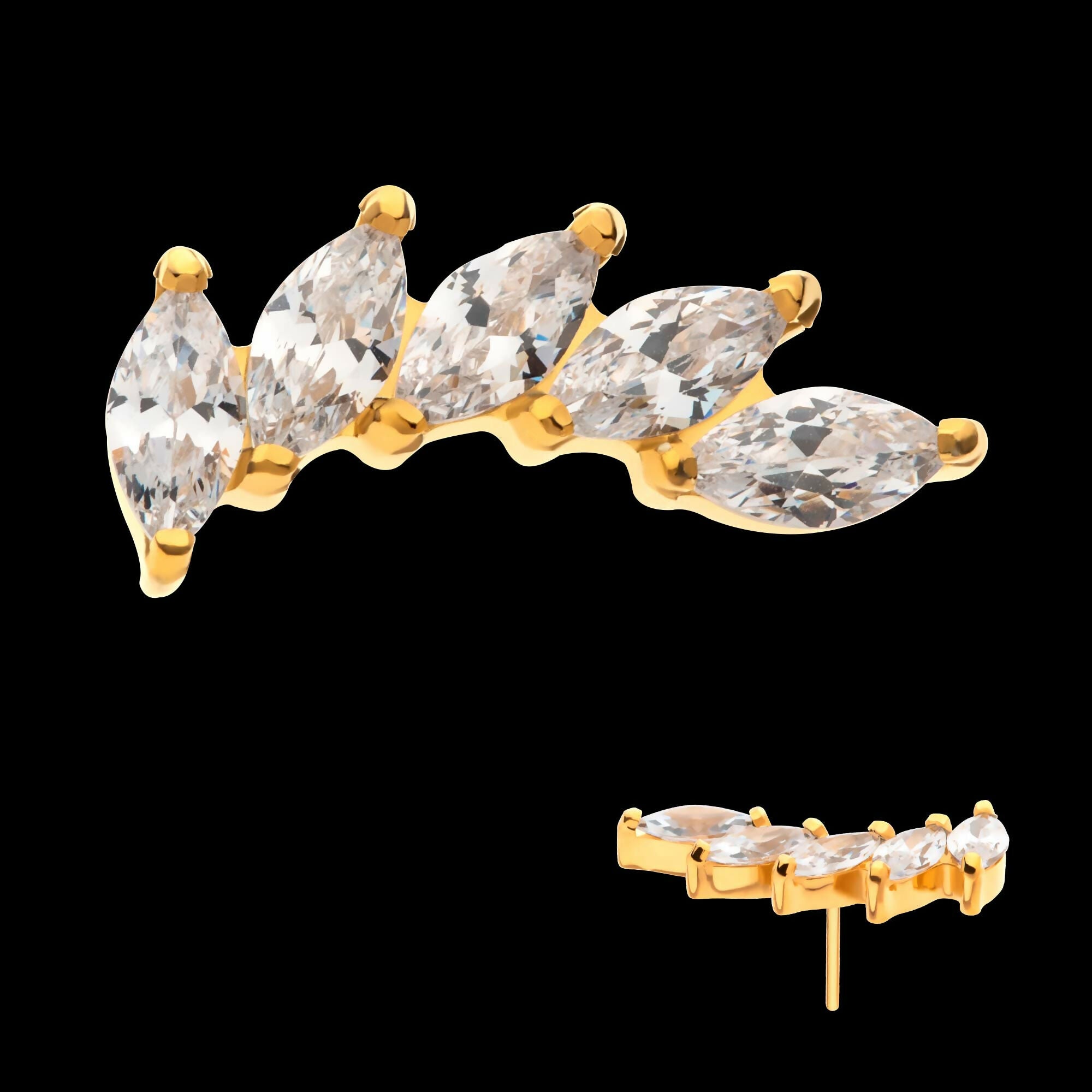 24Kt Gold PVD Titanium Threadless with Prong Set Marquise 5 Gem Curved Fan Top