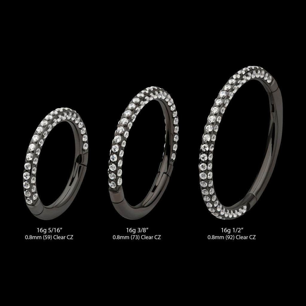 Black PVD Titanium 3 Row Pave Set 0.8mm Round Gem Hinged Segment Clicker Hoop Earring / Nosering