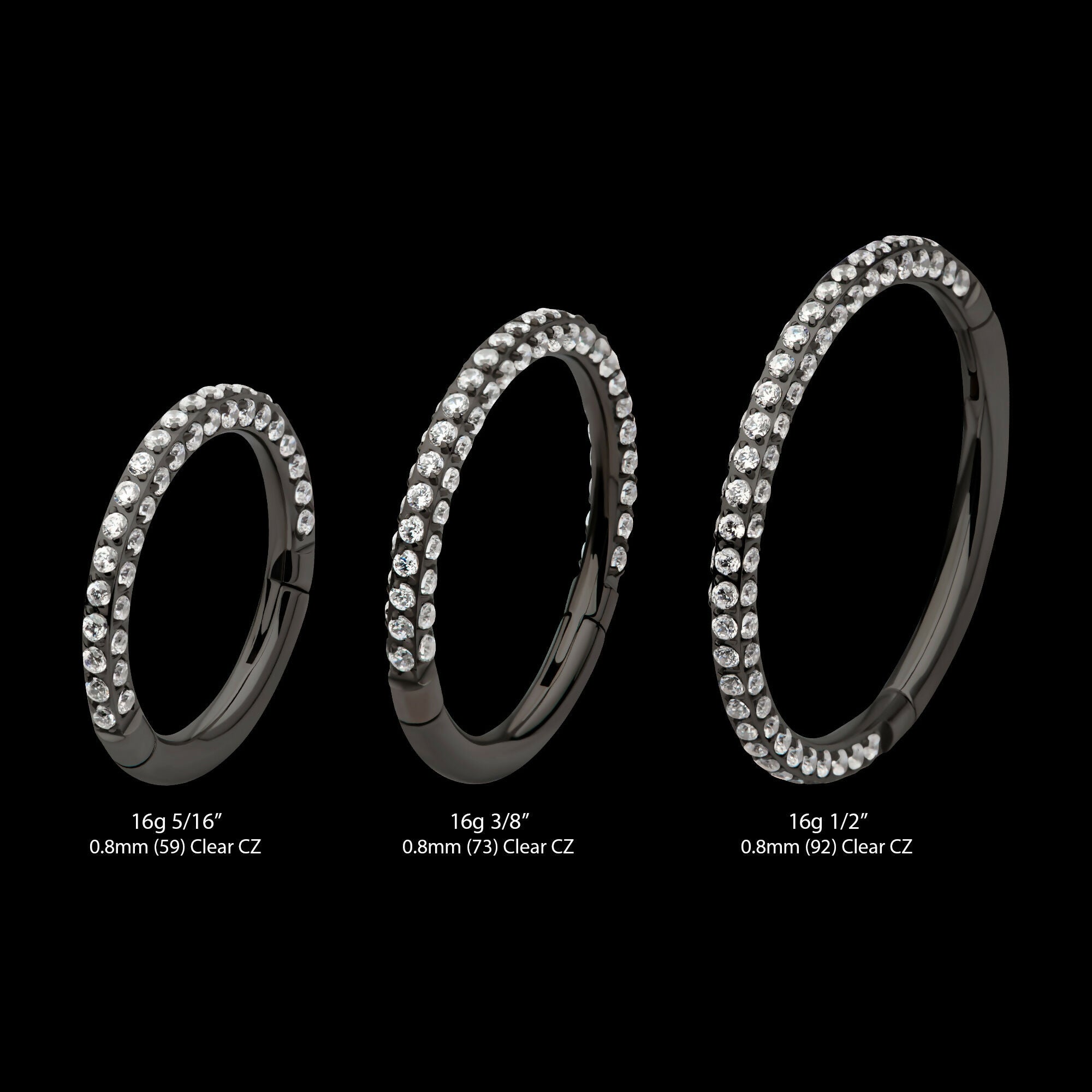 Black PVD Titanium 3 Row Pave Set 0.8mm Round Gem Hinged Segment Clicker Hoop Earring / Nosering
