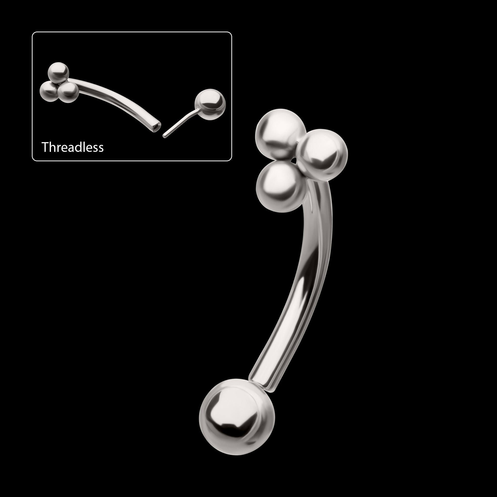 Tri-Bead Fixed Top with Bottom Curved Barbell Earring / Nosering – Titanium