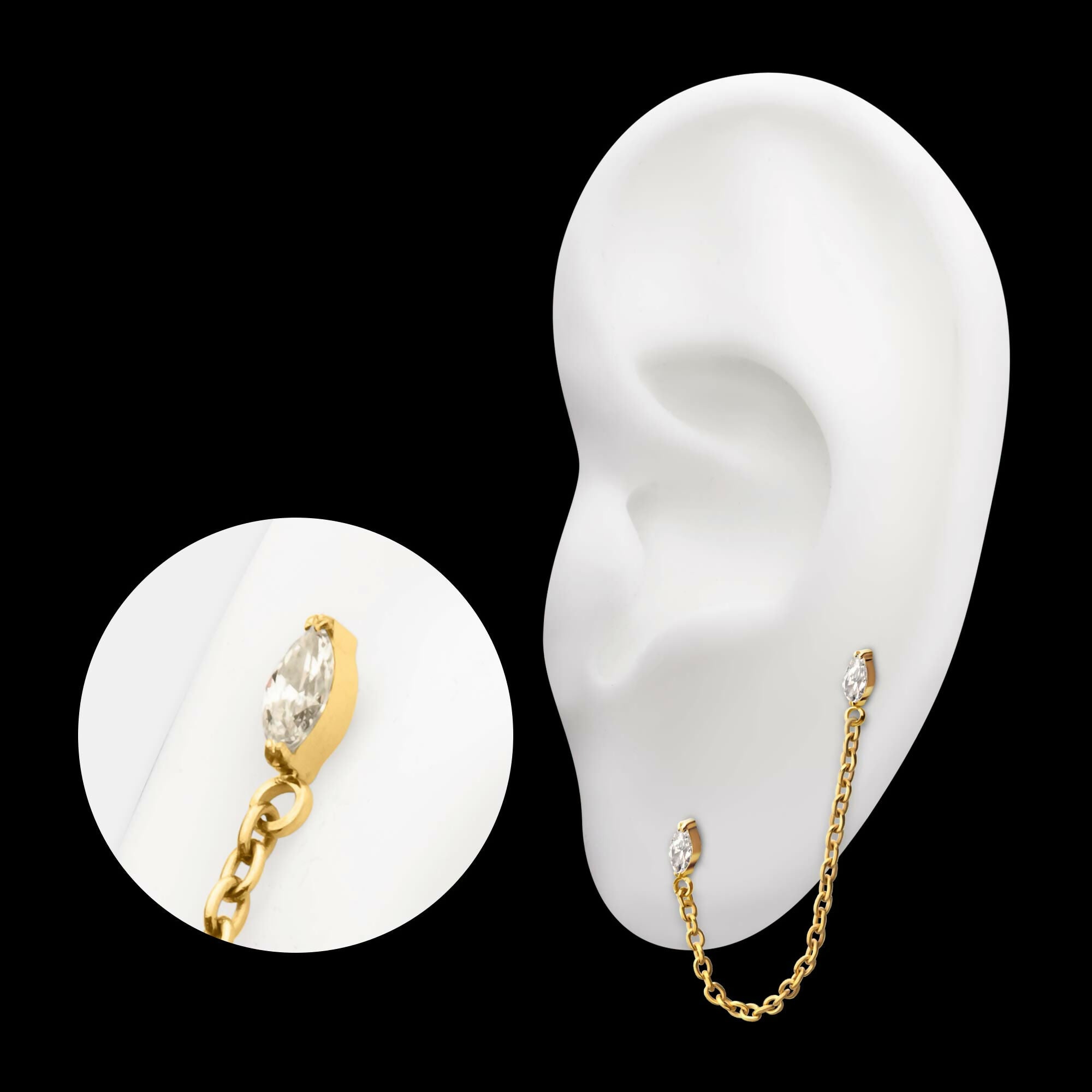 24Kt Gold PVD Titanium Threadless Double Prong Set Marquise Gem Top with Rolo Chain Dangle