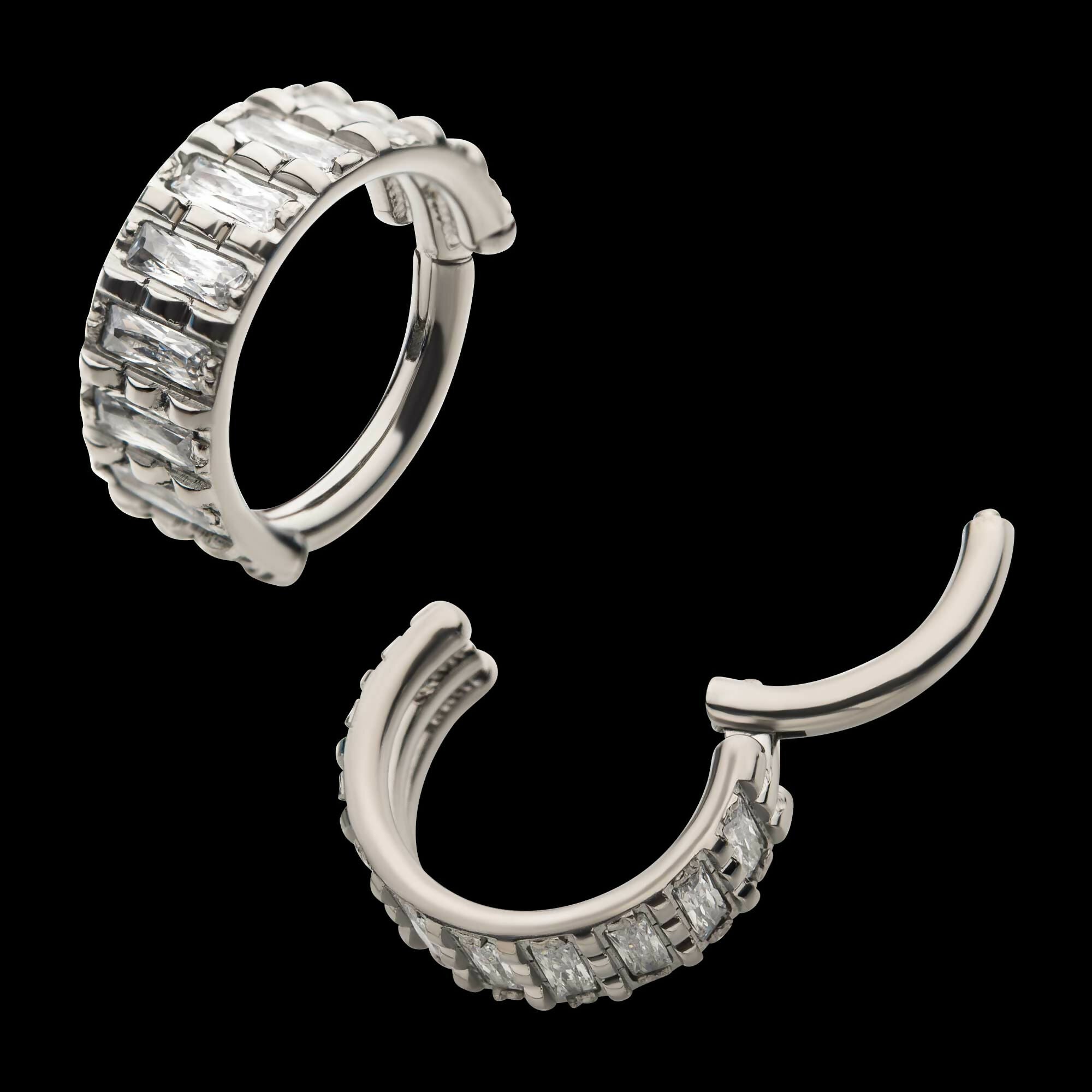 Step Cut Multi Clear CZ Side Facing Hinged Segment Clicker Hoop Earring / Nosering – Titanium