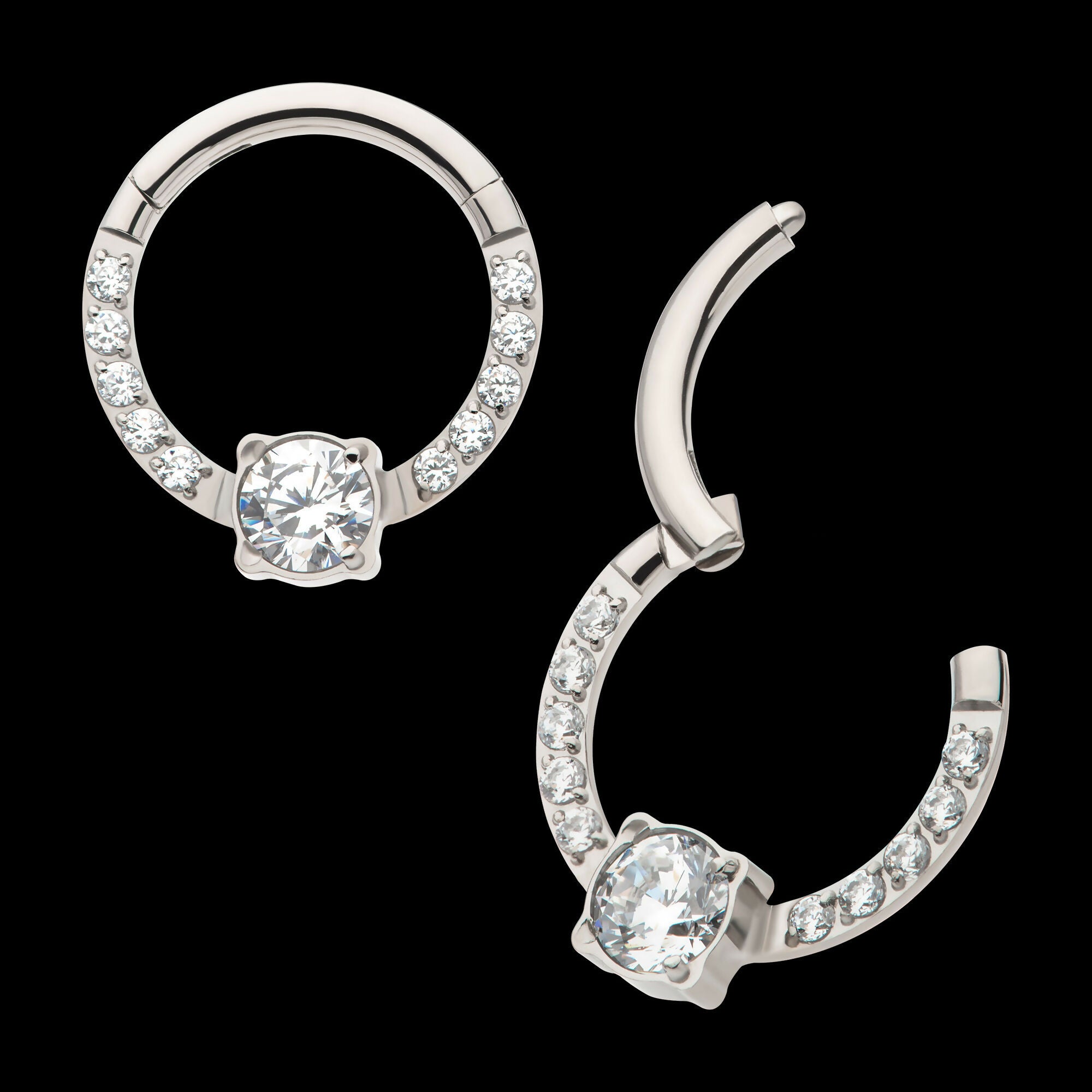1mm CNC Set Full Clear CZ & Big Round CZ Front Facing Hinged Segment Clicker Hoop Earring / Nosering – Titanium