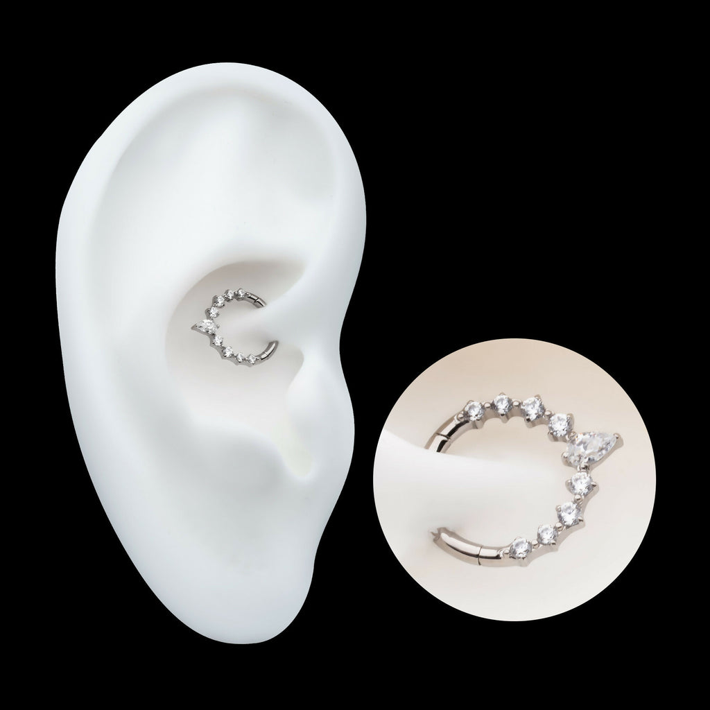 9-Cluster Prong Set Round & Teardrop CZ Front Facing Hinged Segment Clicker Hoop Earring / Nosering – Titanium