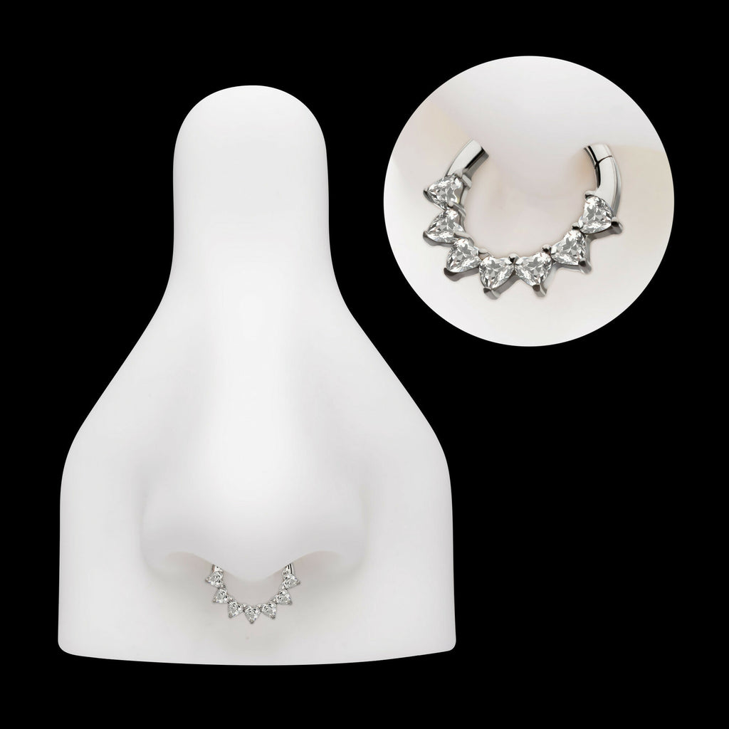 Seven Heart-Cut Gem Front Facing Hinged Segment Clicker Hoop Earring / Nosering – Titanium