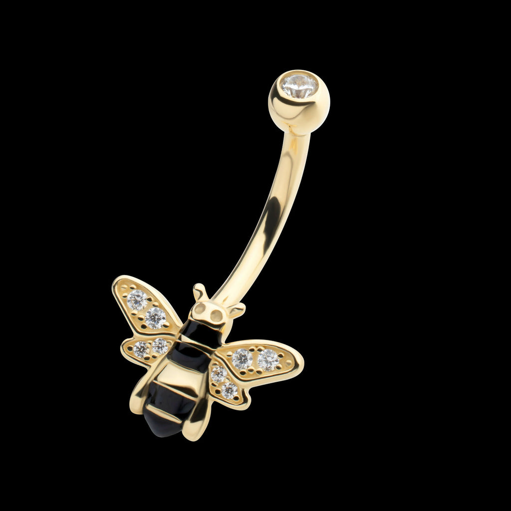 Internally Threaded Pave Set Round Clear CZ Enamel Bee Fixed Bottom Navel Earring / Nosering – 14Kt Yellow Gold