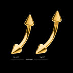 24KT Gold PVD Titanium Internally Threaded Spike End Curved Barbell Earring / Nosering