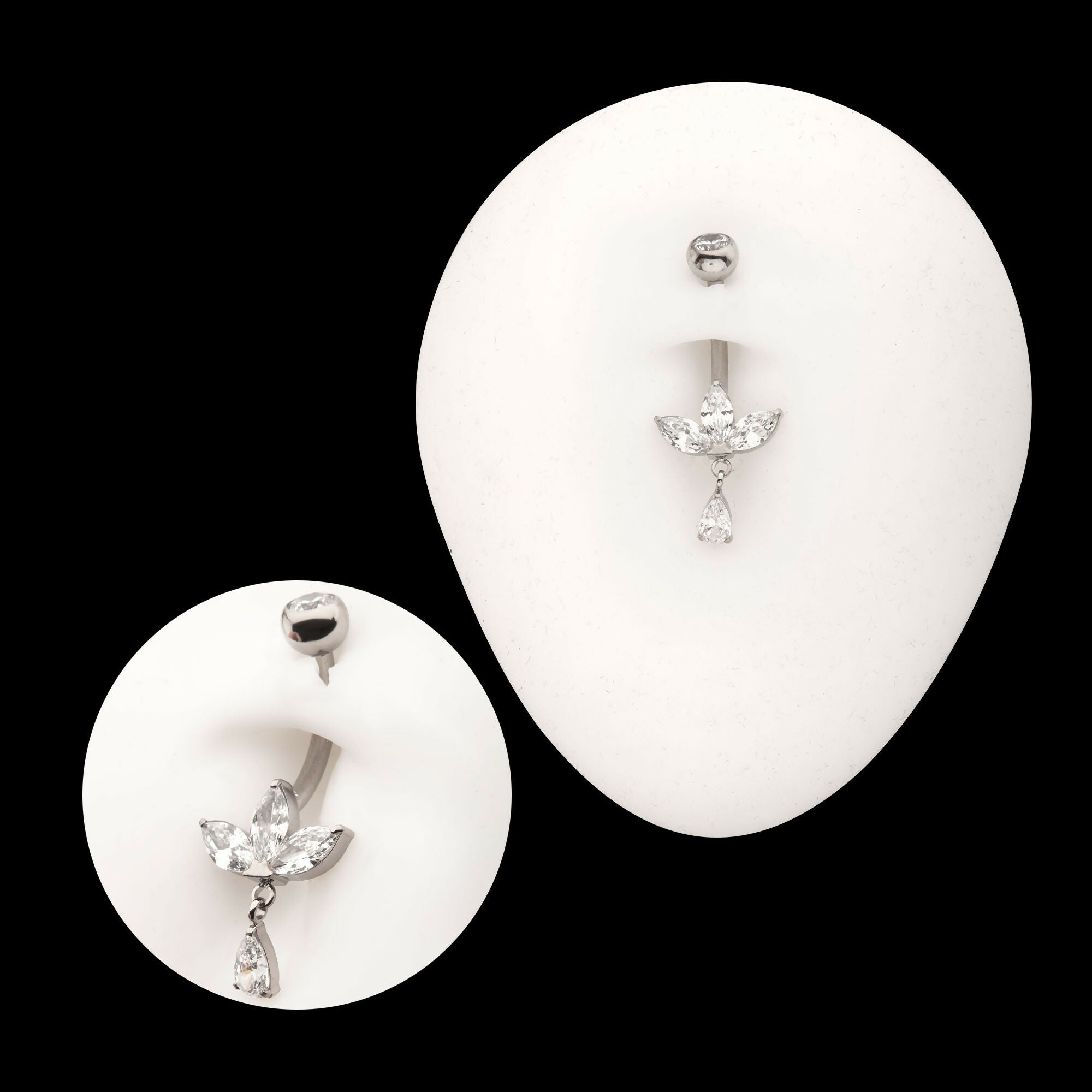 Internally Threaded Triple Marquise Gem Fan Navel with Floating Teardrop Gem Dangle Earring / Nosering – Titanium