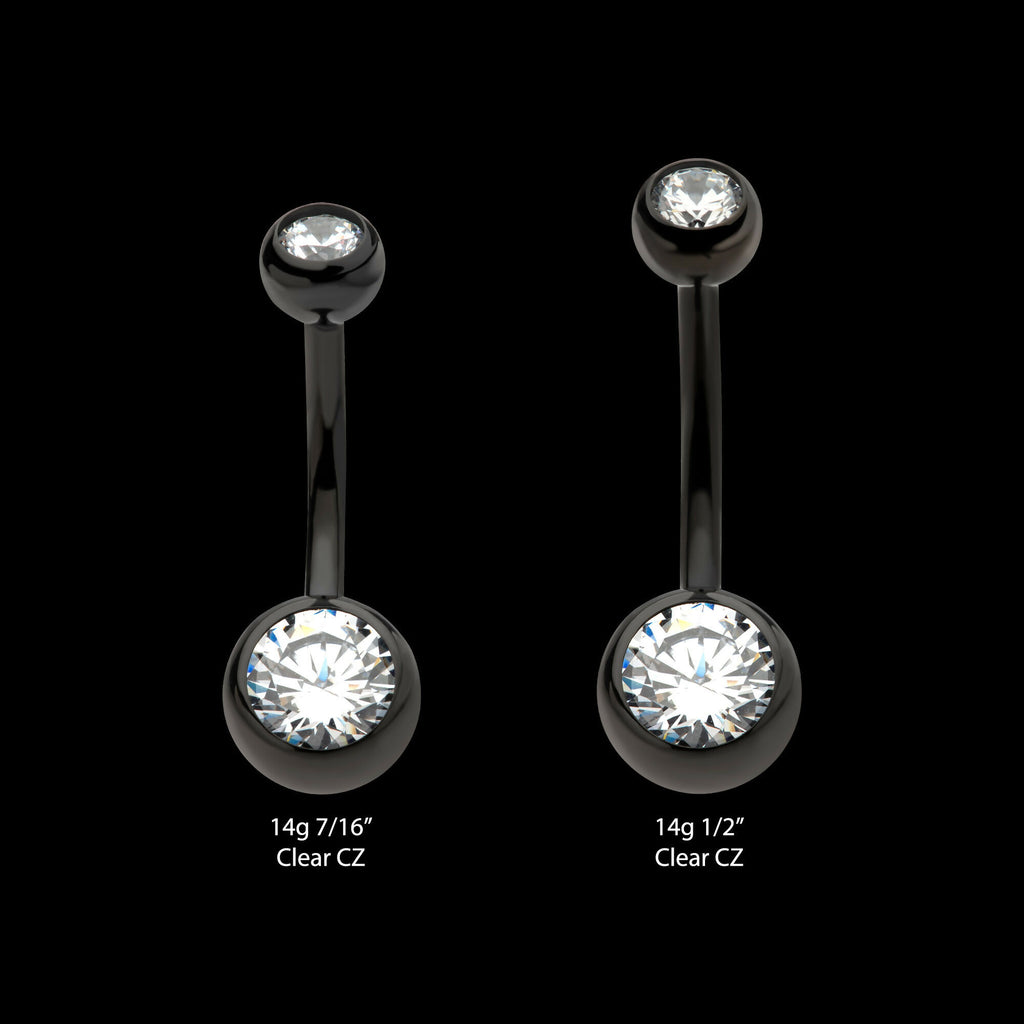 Black PVD Titanium Internally Threaded Bezel Set Double CZ Fixed Bottom Navel Ring Earring / Nosering