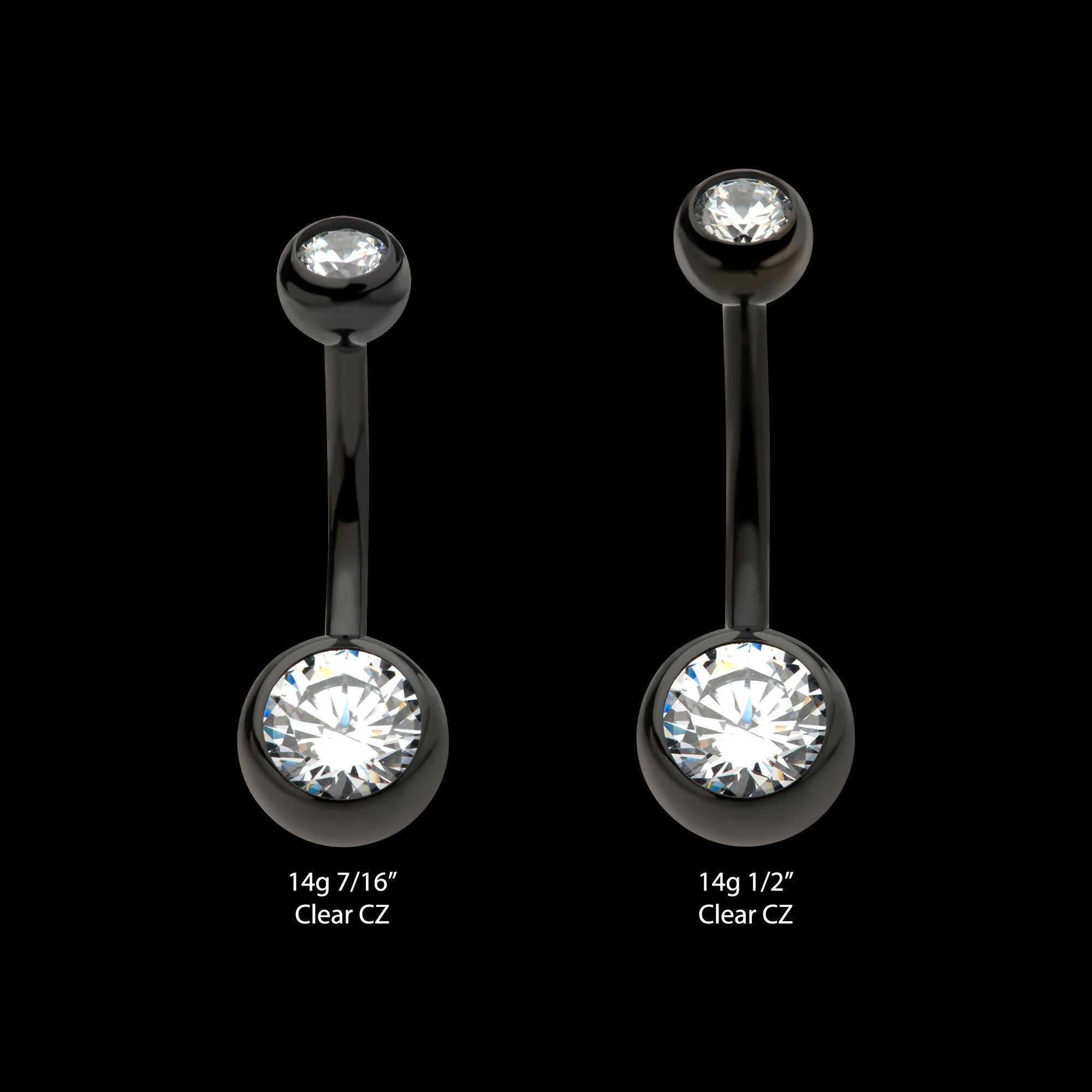 Black PVD Titanium Internally Threaded Bezel Set Double CZ Fixed Bottom Navel Ring Earring / Nosering