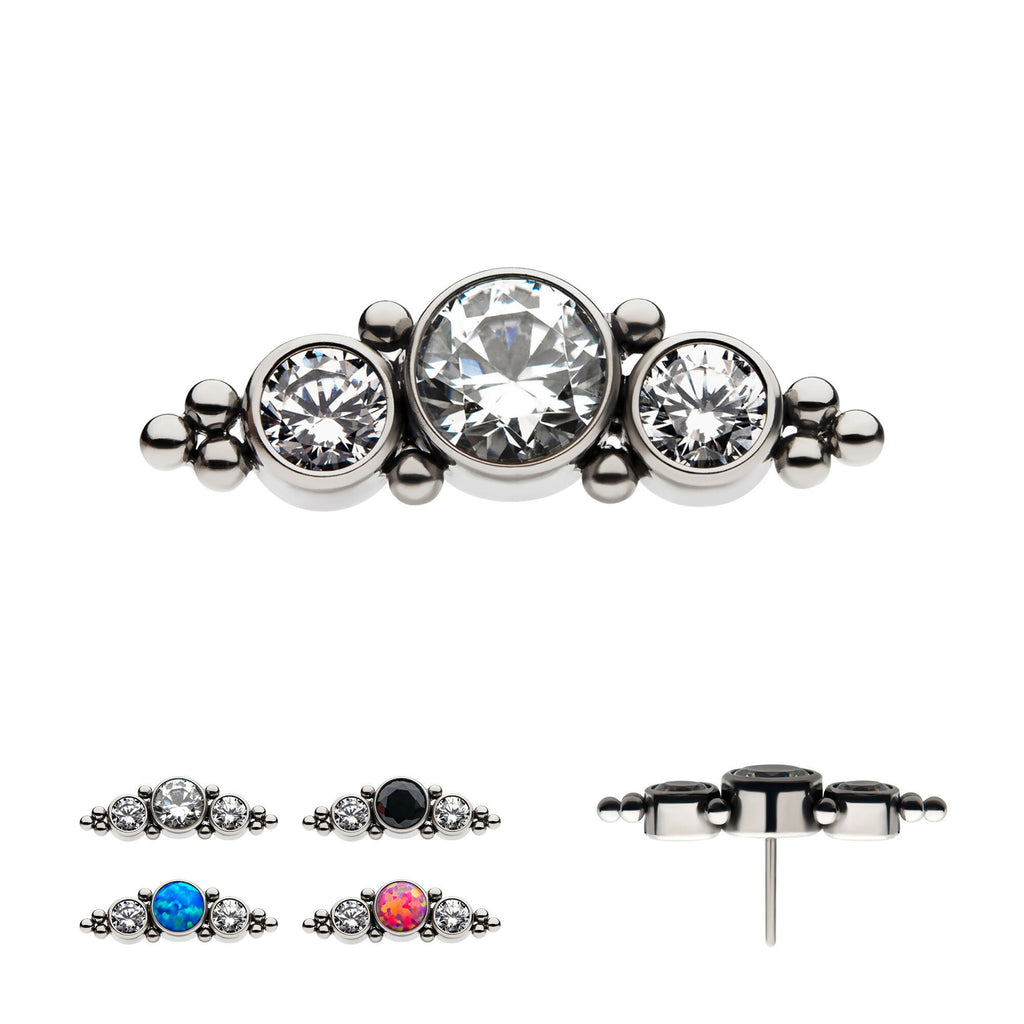 3-Bezel Set Synthetic Opal/AAA Gem/Swarovski Zirconia & Beads Cluster Flatback Stud Earring / Nosering - Synthetic Opal & Opal in Titanium