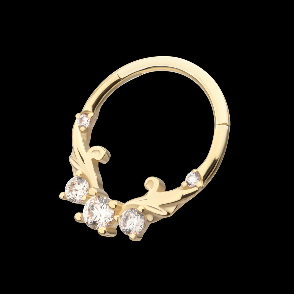 Double Swirled Vine with Prong Set Front Facing Hinged Segment Clicker Hoop Earring / Nosering – 14Kt Yellow Gold