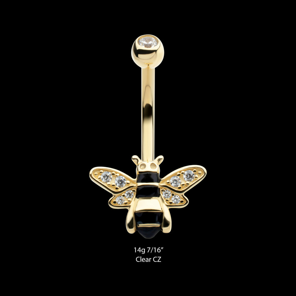 Internally Threaded Pave Set Round Clear CZ Enamel Bee Fixed Bottom Navel Earring / Nosering – 14Kt Yellow Gold