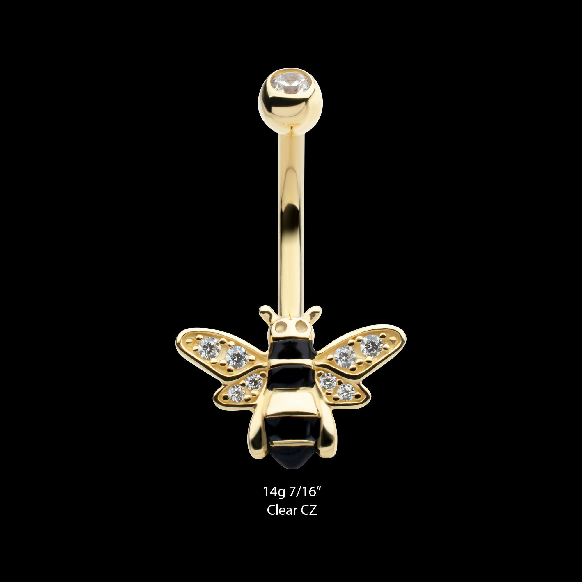 Internally Threaded Pave Set Round Clear CZ Enamel Bee Fixed Bottom Navel Earring / Nosering – 14Kt Yellow Gold