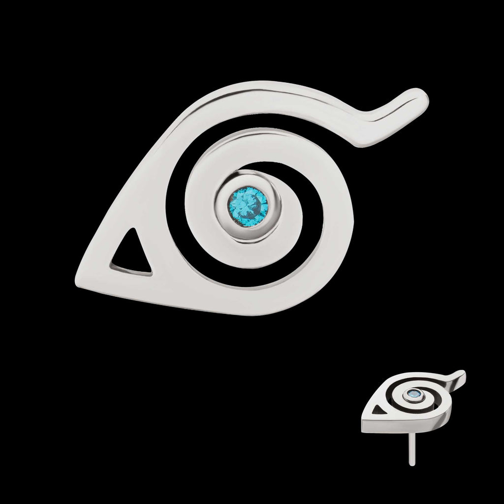 Naruto Shippuden Hidden Leaf Village Logo Bezel Set Aqua Gem Flatback Stud Earring / Nosering - Aqua Gem in Titanium