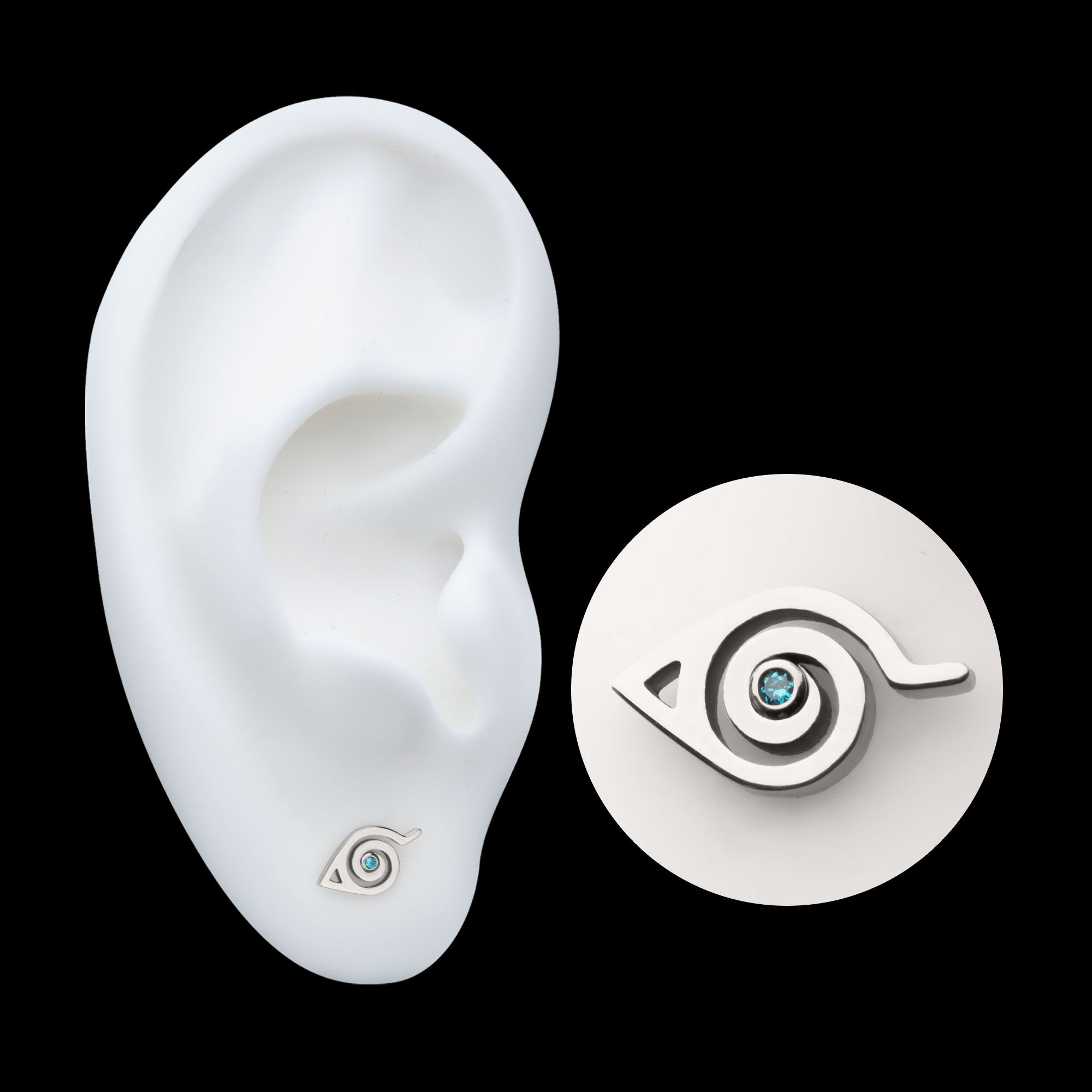 Naruto Shippuden Hidden Leaf Village Logo Bezel Set Aqua Gem Flatback Stud Earring / Nosering - Aqua Gem in Titanium