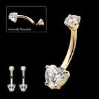 Internally Threaded 4-Prong Round & Heart Clear CZ Fixed Bottom Navel Earring / Nosering – 14Kt Gold