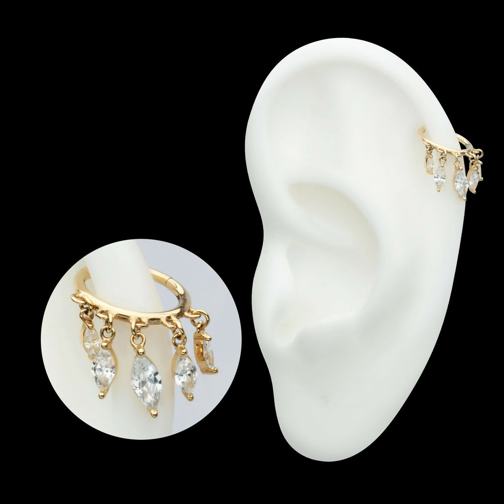 5 Marquise CZ Dangle Charm Hinged Segment Clicker Hoop Earring / Nosering – 14Kt Yellow Gold