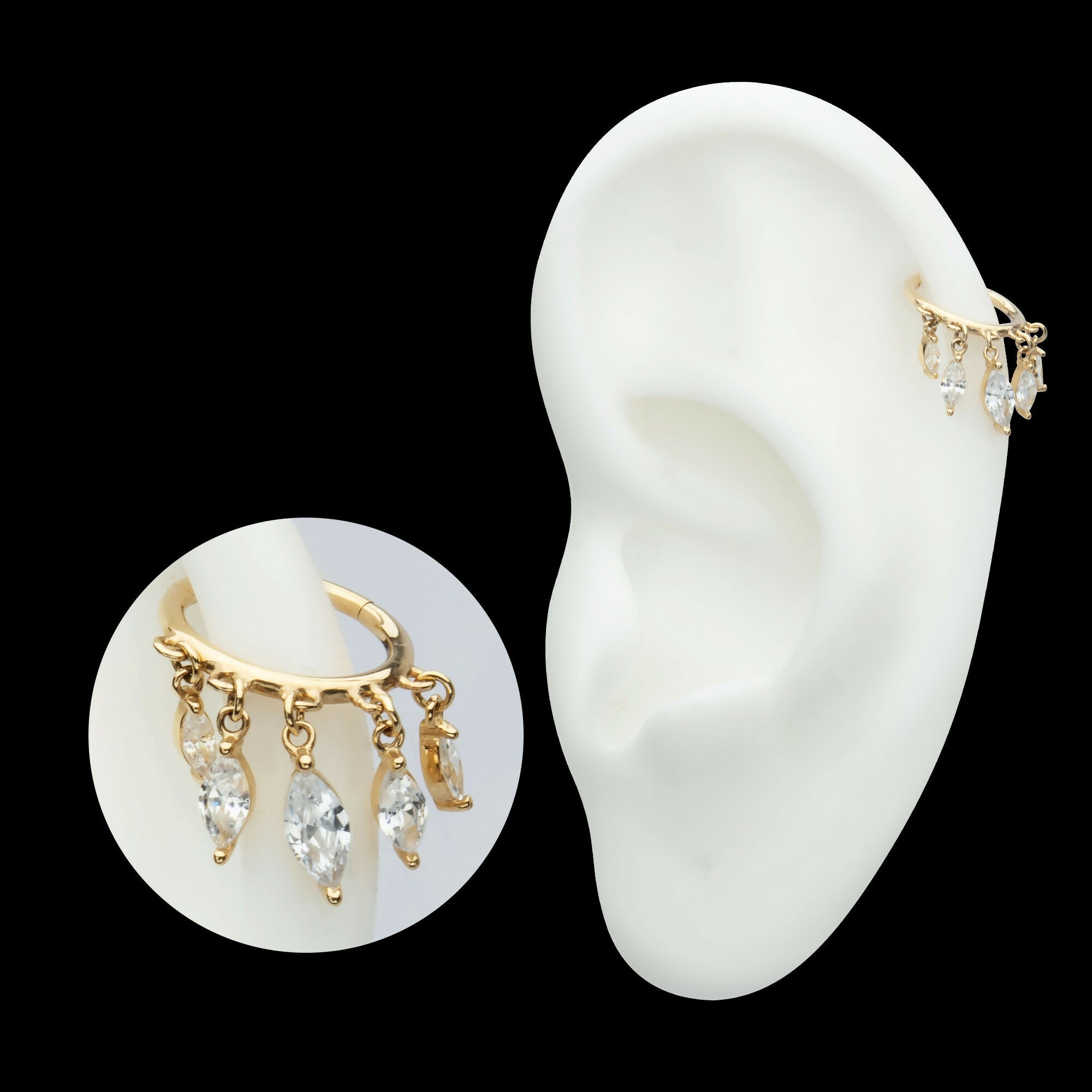 5 Marquise CZ Dangle Charm Hinged Segment Clicker Hoop Earring / Nosering – 14Kt Yellow Gold