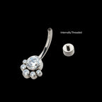 Internally Threaded with 5 Bezel Set Round CZ/Synthetic Opal Terraced Cluster Fixed Navel Earring / Nosering – Titanium