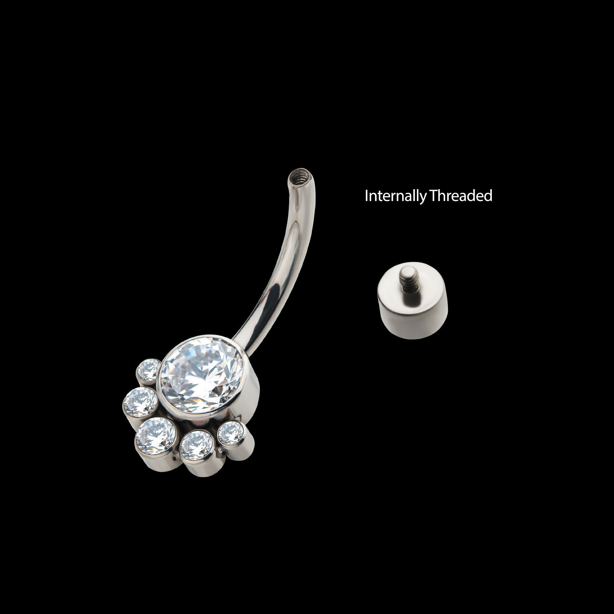 Internally Threaded with 5 Bezel Set Round CZ/Synthetic Opal Terraced Cluster Fixed Navel Earring / Nosering – Titanium
