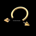 24Kt Gold PVD Titanium Internally Threaded Spike Ends Circular Barbell Earring / Nosering