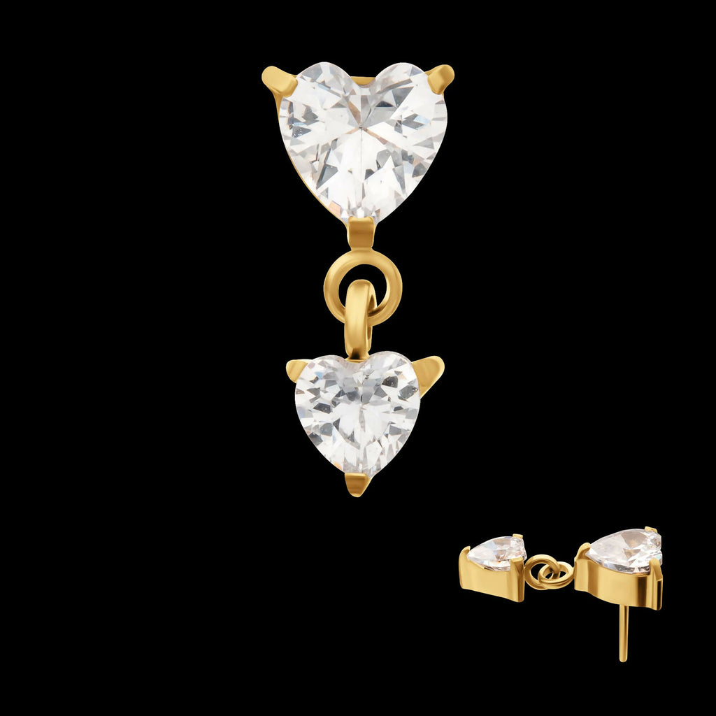 24KT Gold PVD Titanium Threadless Prong Set Double Heart Gem Dangle Top