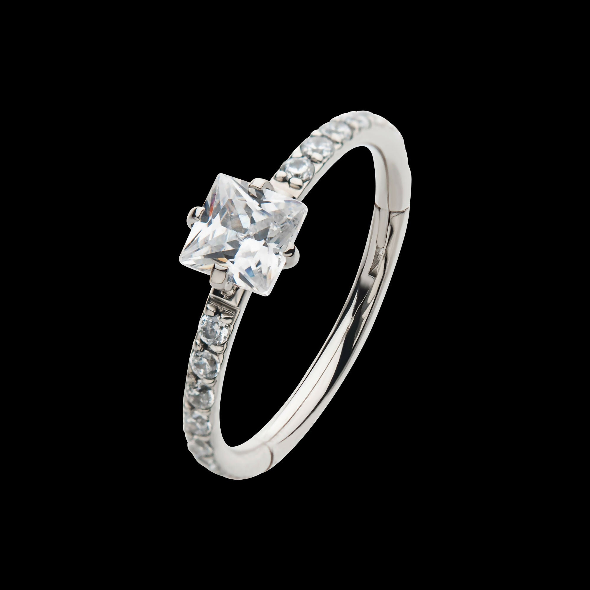 Centerpiece Prong Set Square Clear CZ Eternity Side Facing Hinged Segment Clicker Hoop Earring / Nosering – Titanium