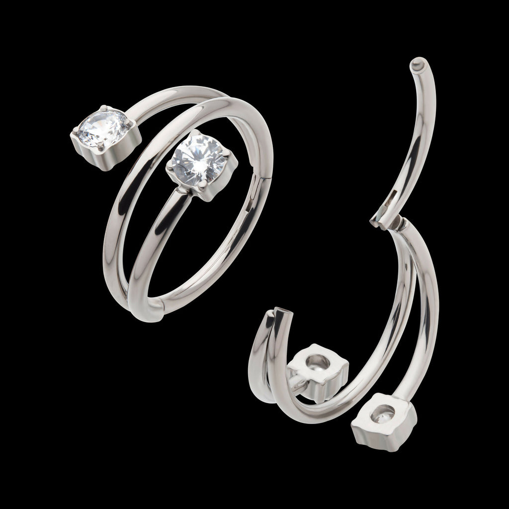 Double Ended Twist Side Facing Hinged Segment Clicker with Round CZ Hoop Earring / Nosering – Titanium