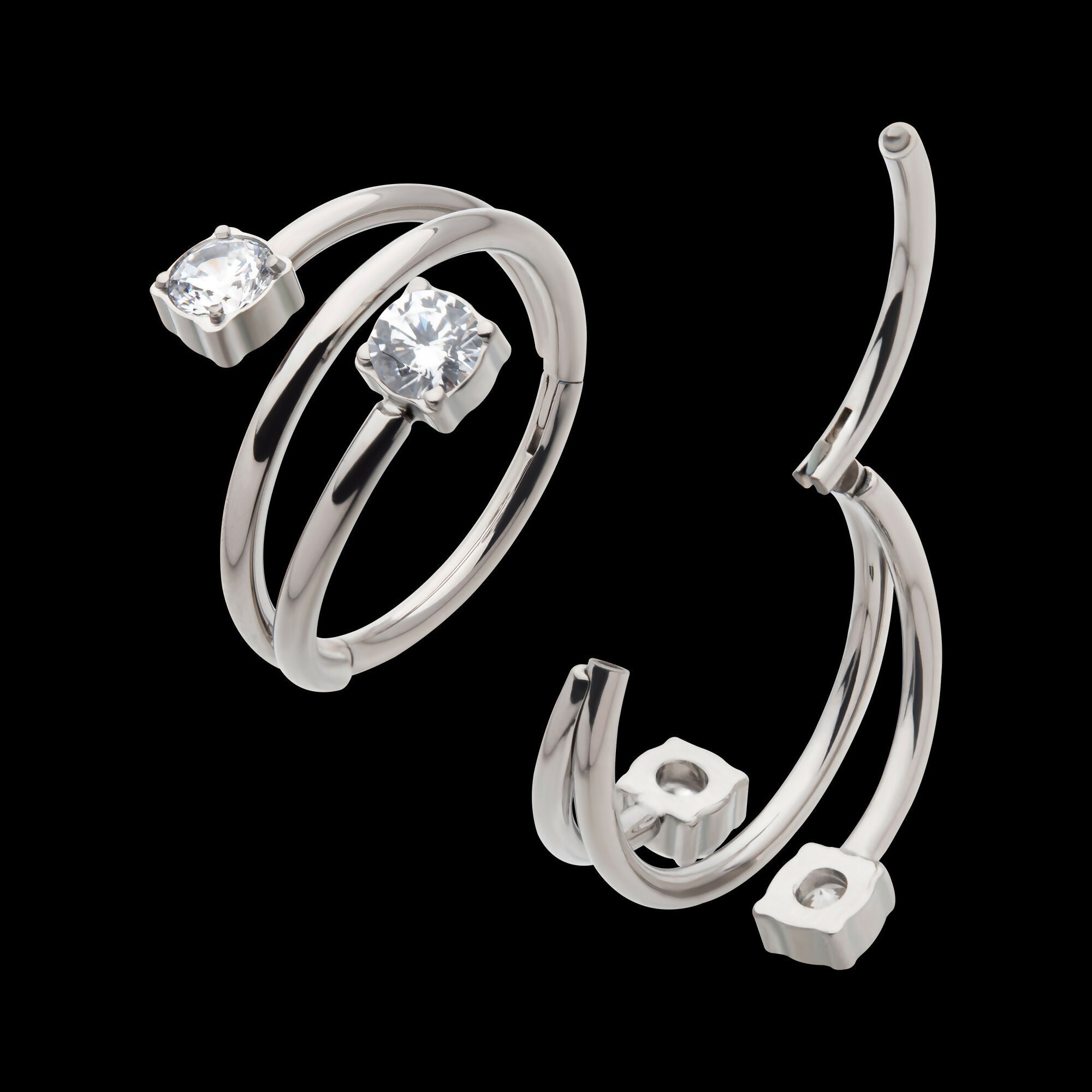 Double Ended Twist Side Facing Hinged Segment Clicker with Round CZ Hoop Earring / Nosering – Titanium