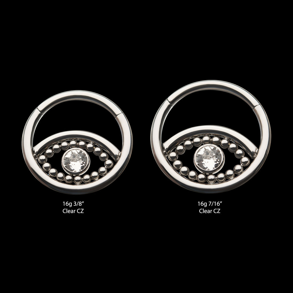 18-Beaded Bezel Set Clear CZ Evil Eye Front Facing Hinged Segment Clicker Hoop Earring / Nosering – Titanium