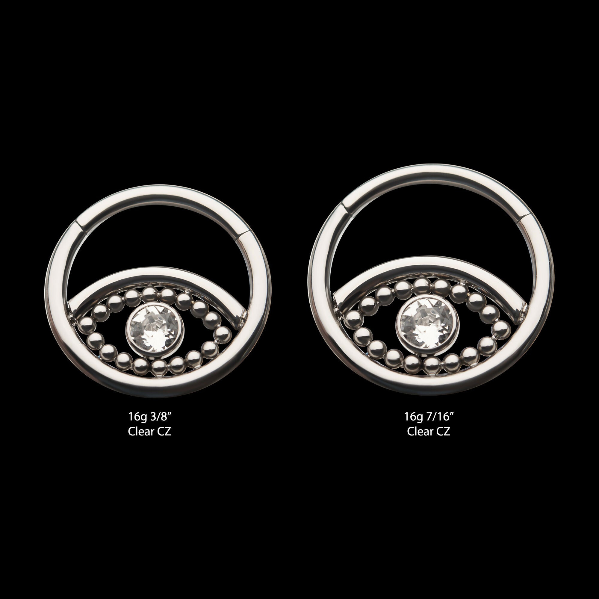 18-Beaded Bezel Set Clear CZ Evil Eye Front Facing Hinged Segment Clicker Hoop Earring / Nosering – Titanium