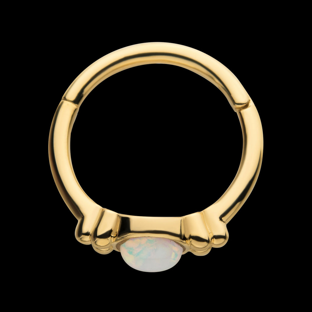 Beads & Centerpiece Bezel Set White Opal Side Facing Hinged Segment Clicker Hoop Earring / Nosering – 14Kt Gold