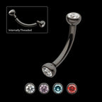Black PVD Titanium Internally Threaded Double Bezel Gem End Curved Barbell Earring / Nosering