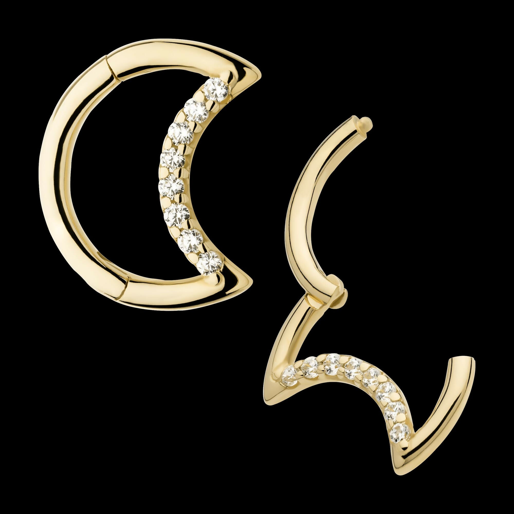 Prong Set 8 Round CZ Cluster Crescent Moon Shape Front Facing Hinged Segment Clicker Hoop Earring / Nosering – 14Kt Yellow Gold