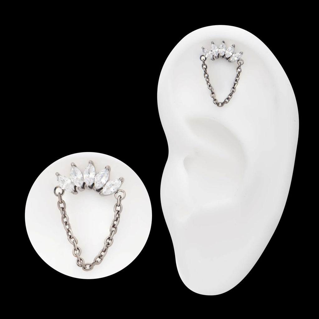 Titanium Threadless 5-Cluster Marquise AAA CZ Top with Dangle Chain