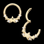Triple Staggered Star with Prong Set Gem Front Facing Hinged Segment Clicker Hoop Earring / Nosering – 14Kt Yellow Gold